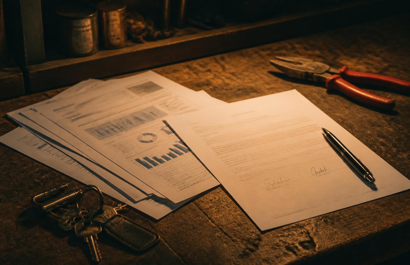 Monthly accounts and a signed share agreement on a workshop bench