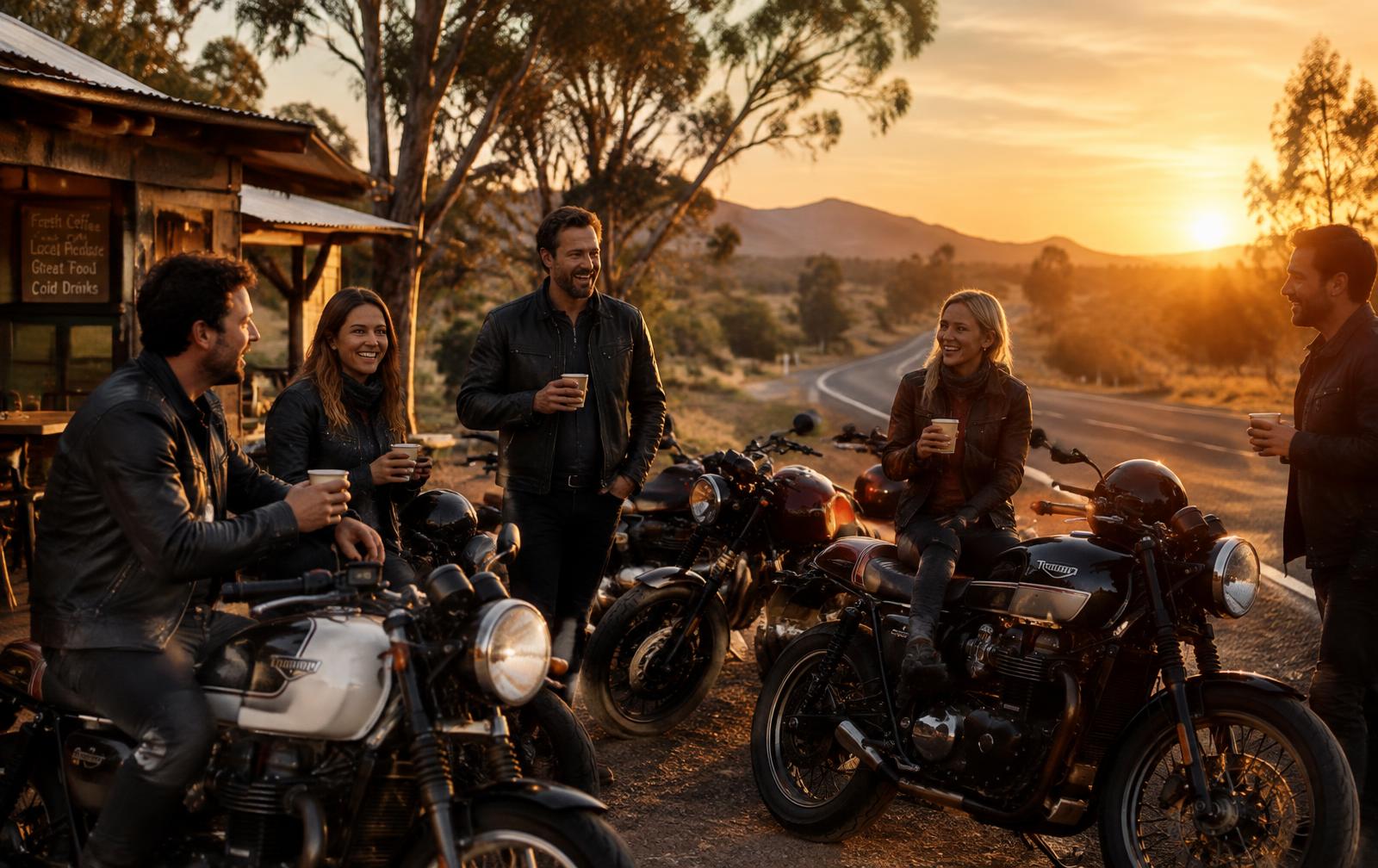 Riders with their bikes at a roadside coffee stop at dawn