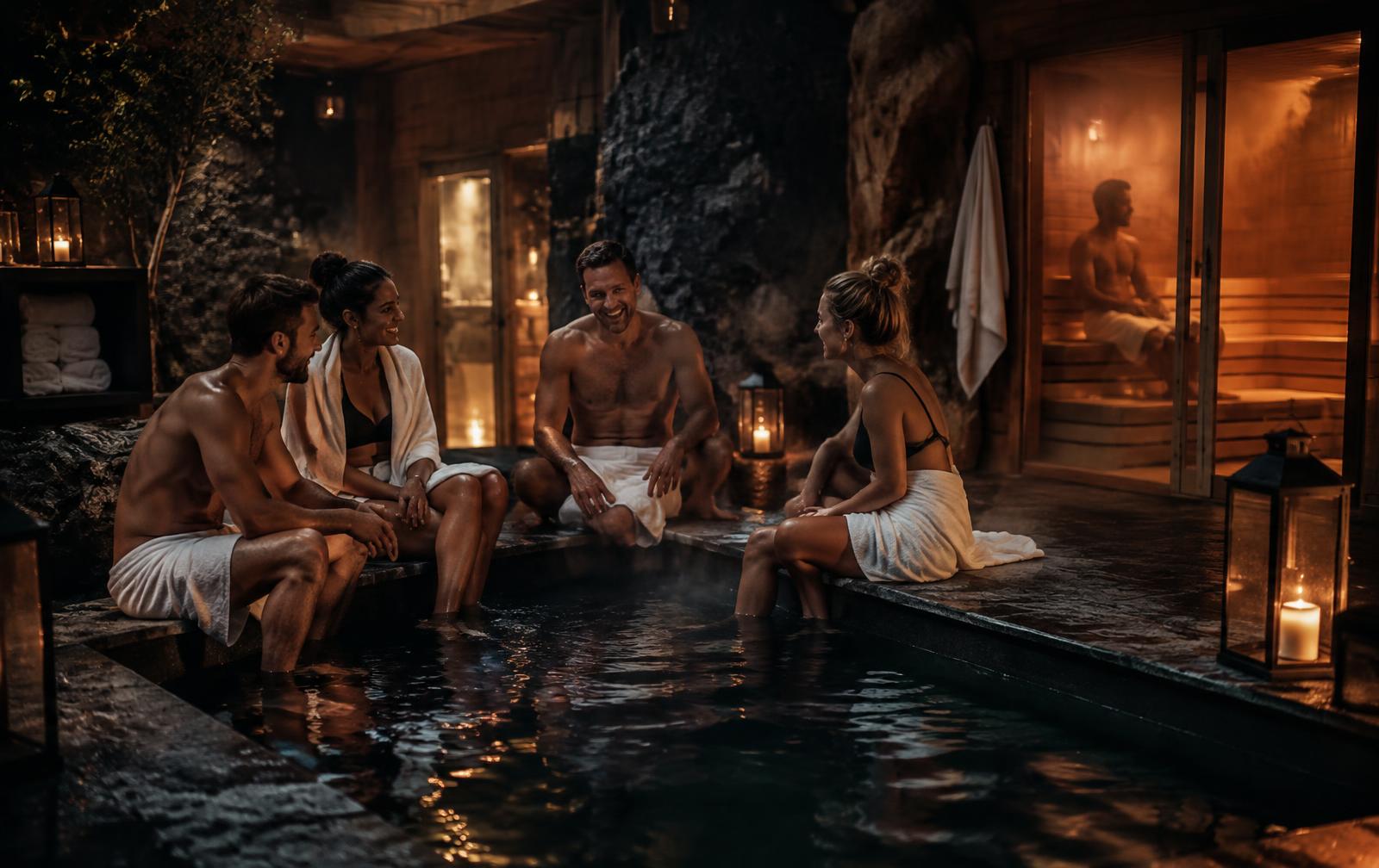 Friends relaxing together at a bathhouse plunge pool and sauna