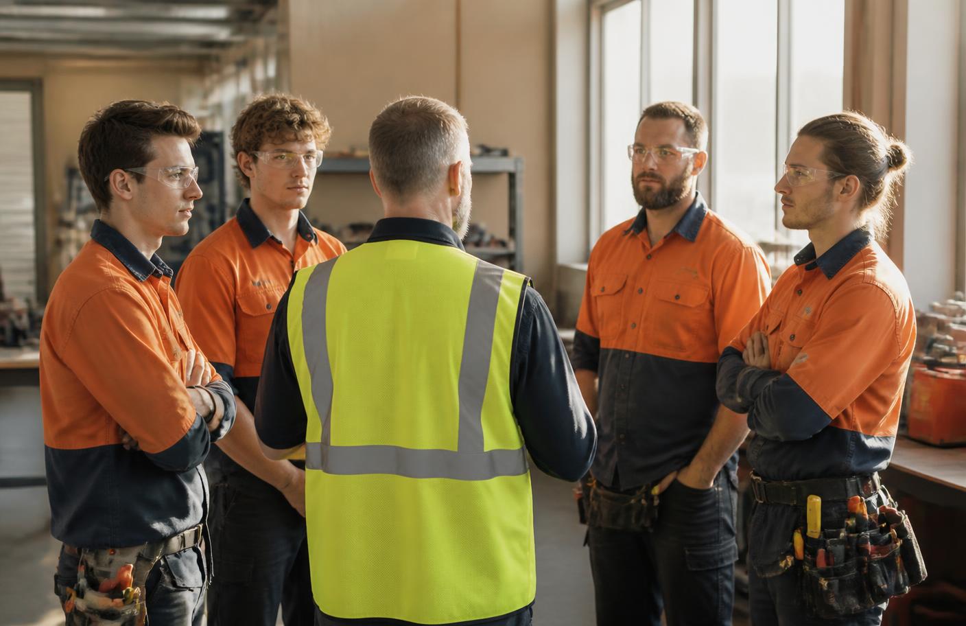 Manager briefing a team of tradespeople in a workshop
