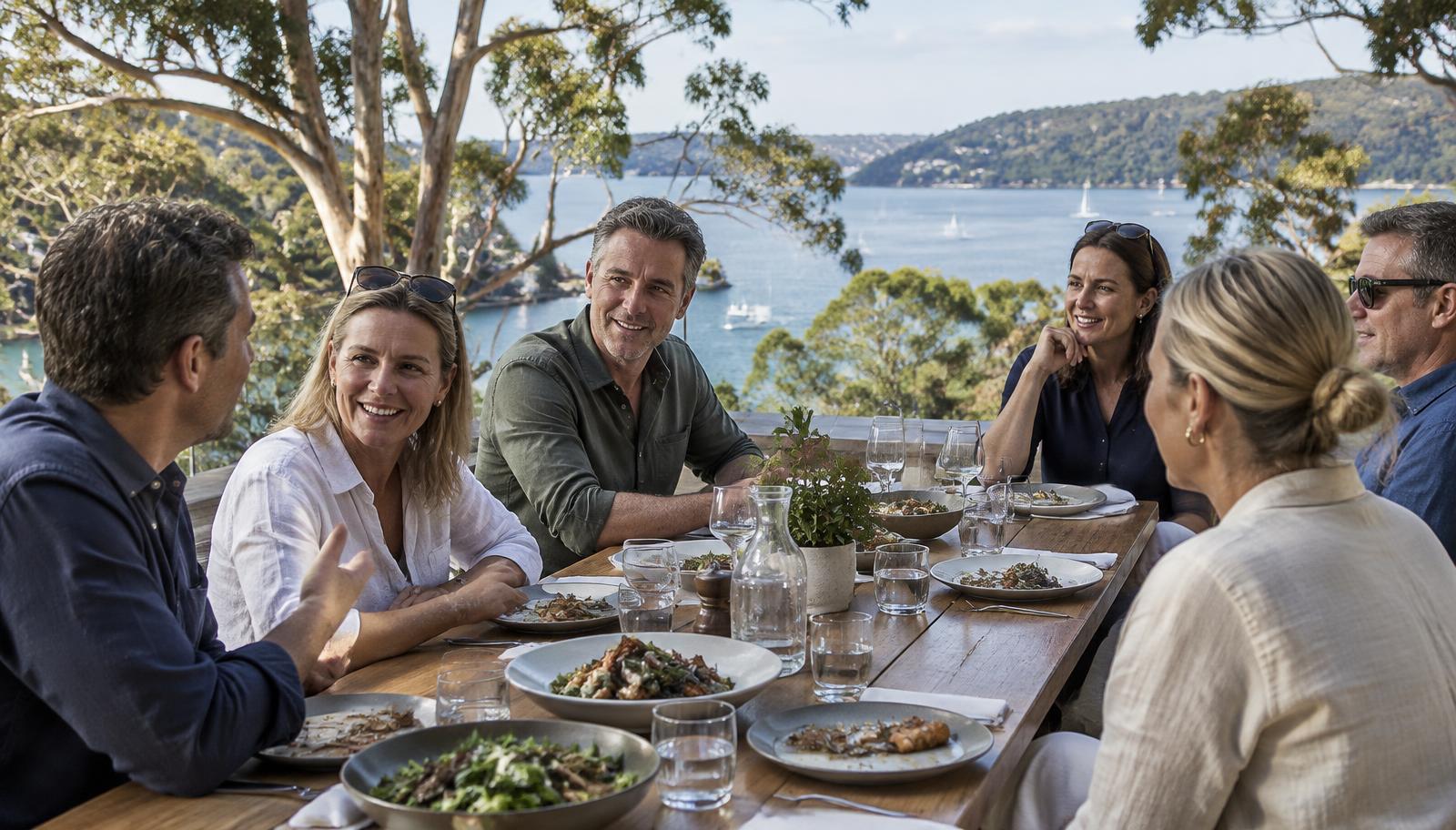 A small group enjoying a long lunch overlooking Pittwater