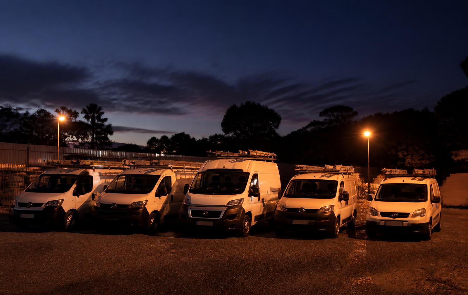 Electrical contractor work vans parked in a yard at dusk on the Central Coast